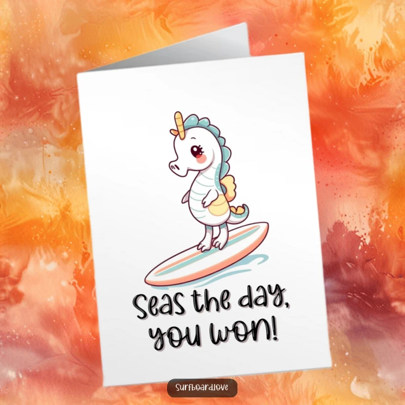Funny Free Printable congratulations card with a giggling seahorse expertly balancing on a surfboard. A comical depiction of achievement.