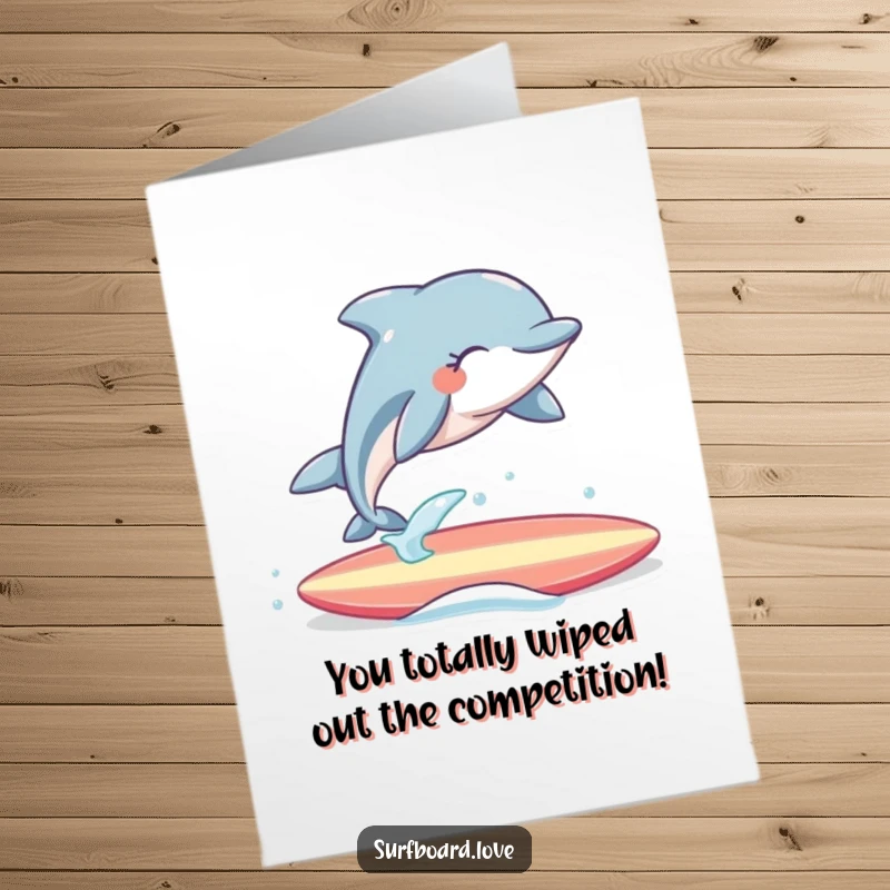 Funny Free Printable congratulations card: A delighted dolphin with closed eyes leaps over a surfboard, celebrating a big win.
