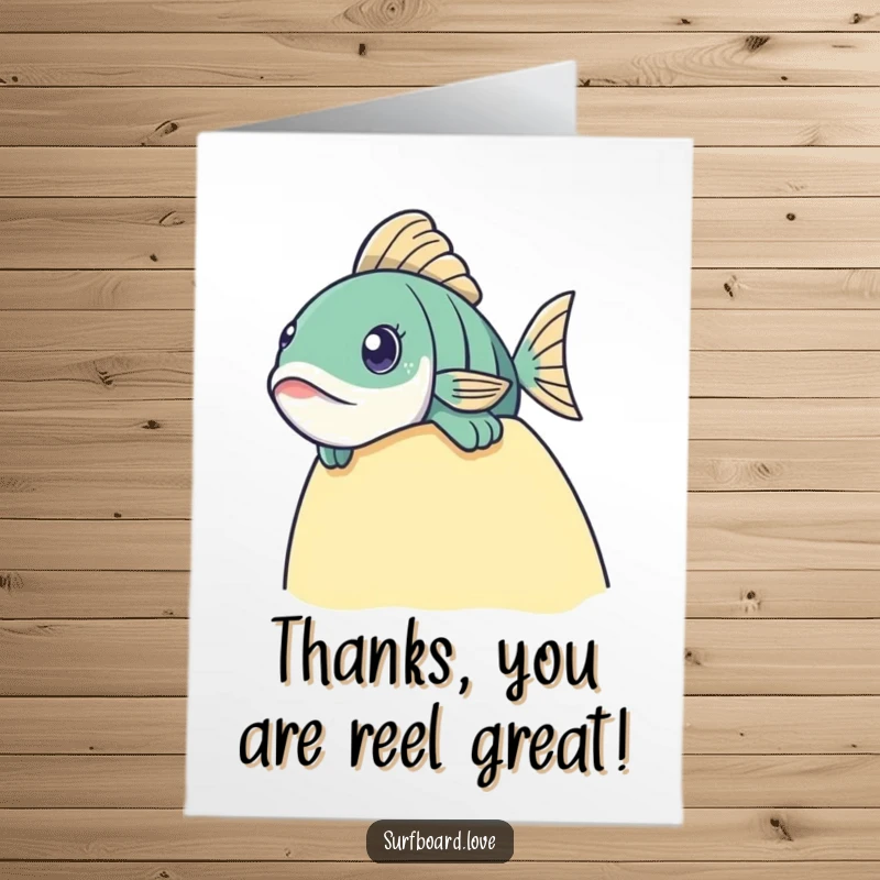 Funny Free Printable thank you card with a fish inquisitively peeking over the side of a surfboard. Expressing thanks with humor.
