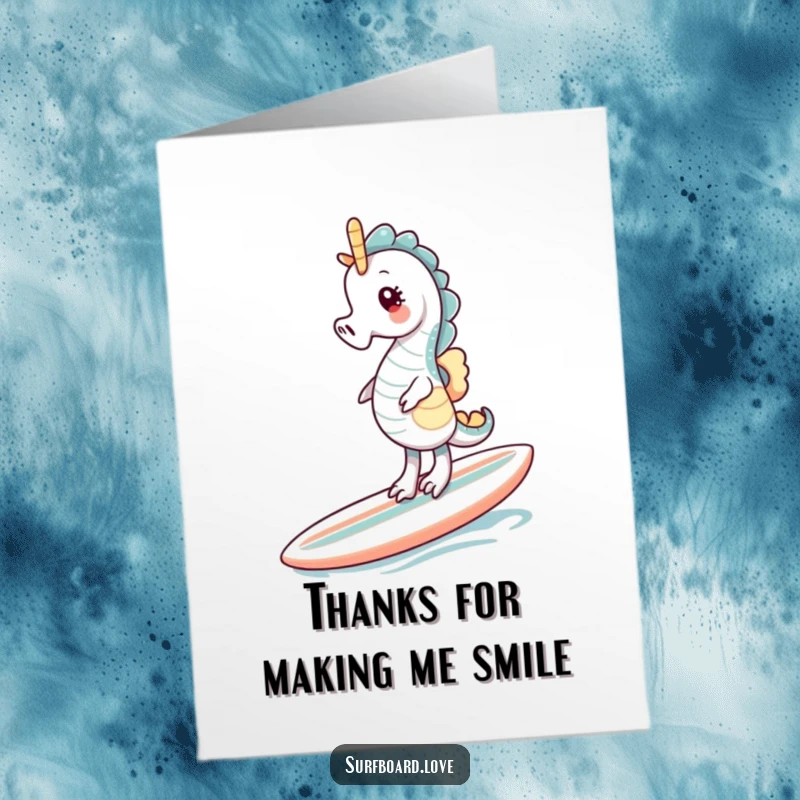 Funny Free Printable thank you card featuring a giggling seahorse perched precariously on a surfboard. Humorous gratitude.