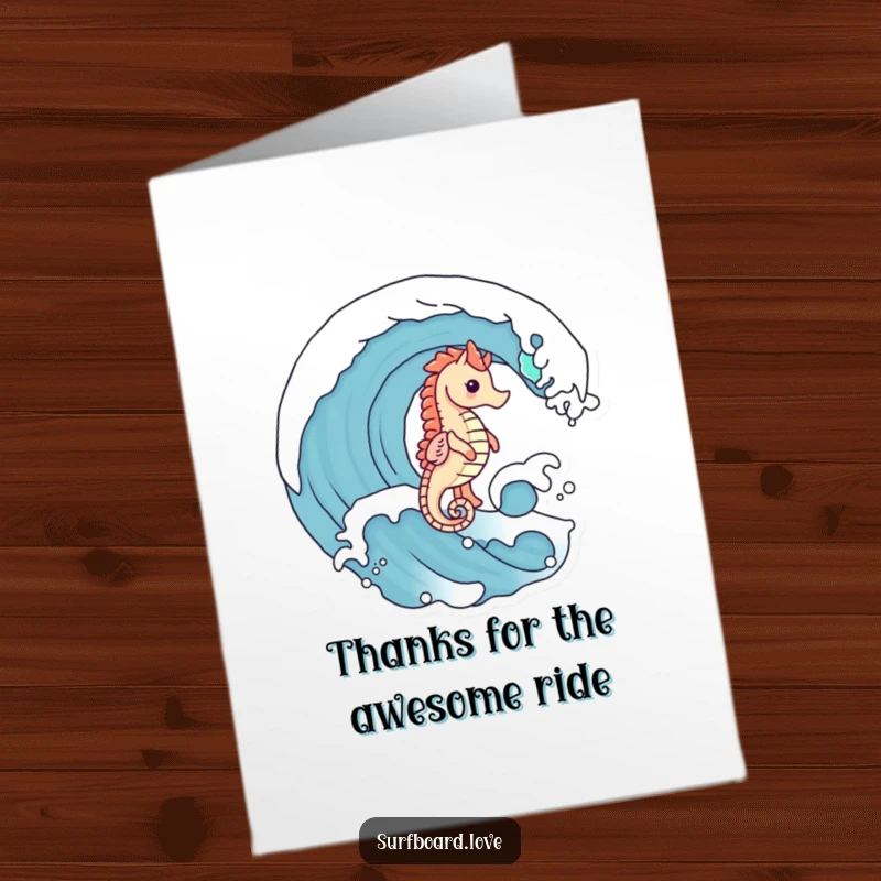 Free Printable Thank You Card: A cute seahorse with tiny legs glides on a cresting wave, a charming DIY thank you.