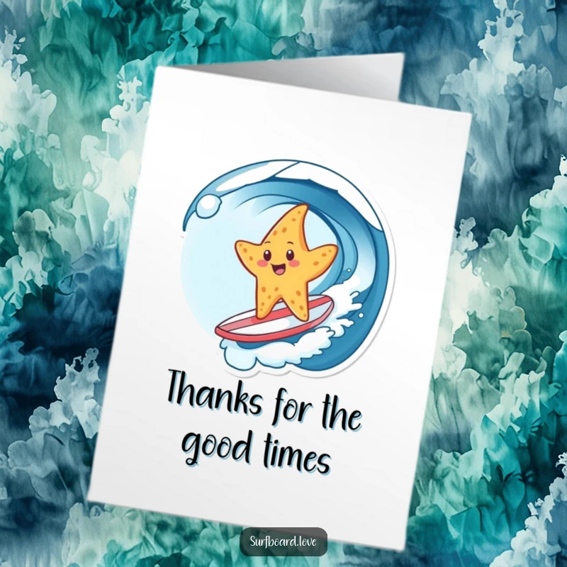 Funny free printable thank you card: A cheerful starfish catches a wave on a tiny surfboard, expressing thanks with aquatic humor.