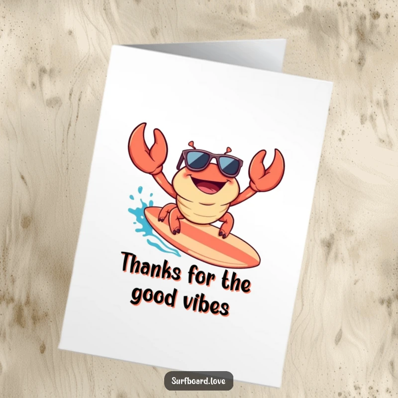 Funny free printable thank you card: A happy crab with sunglasses surfs a surfboard, expressing thanks with beachy coolness.