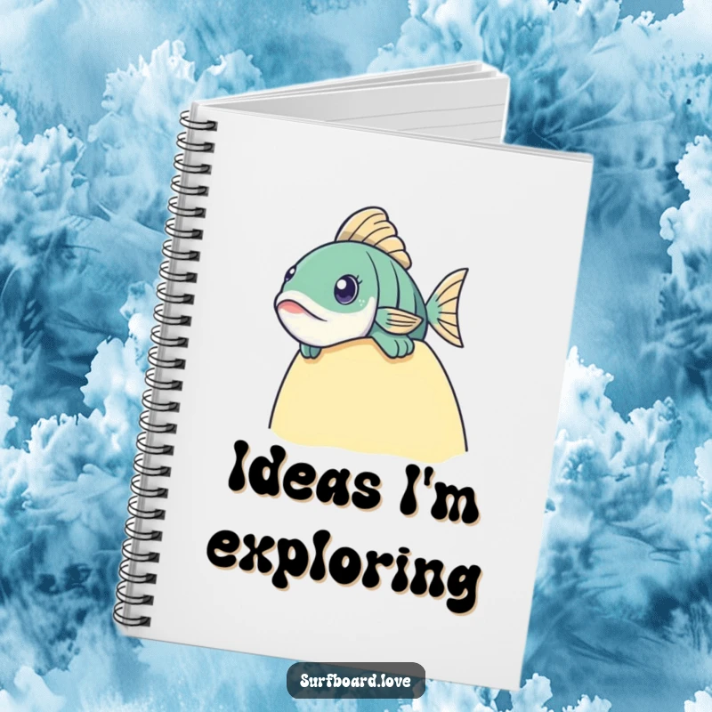 Funny fish peeking over a surfboard, perfect for a humorous notebook cover.