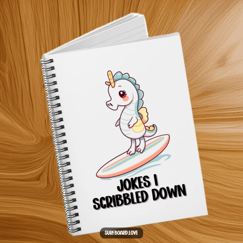 Funny giggling seahorse on a surfboard, perfect for a humorous notebook cover.