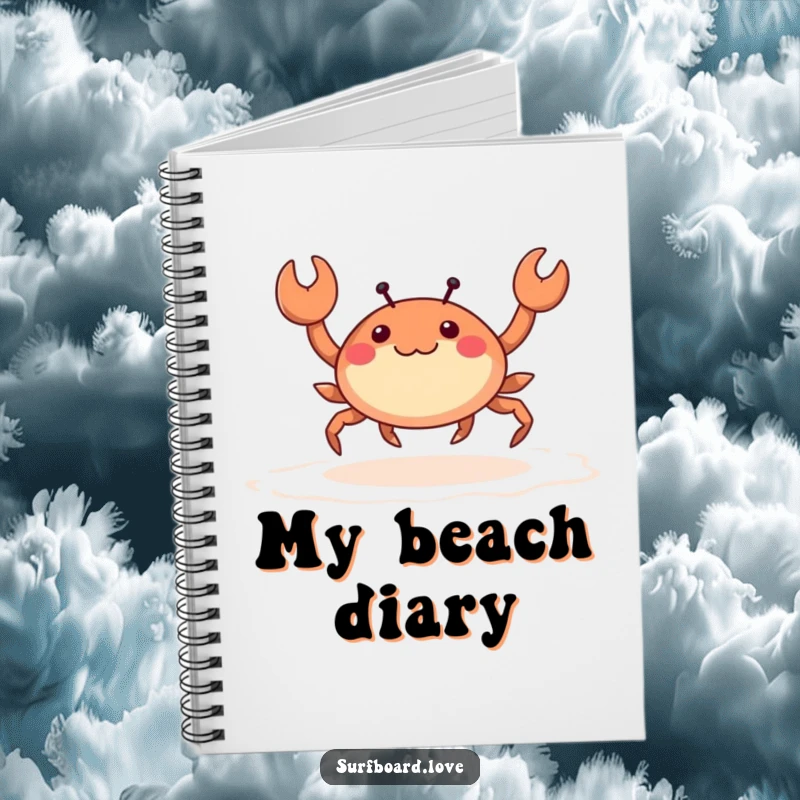 Funny happy crab with tiny legs skipping across wet sand, on the cover of a humorous beach-themed notebook.