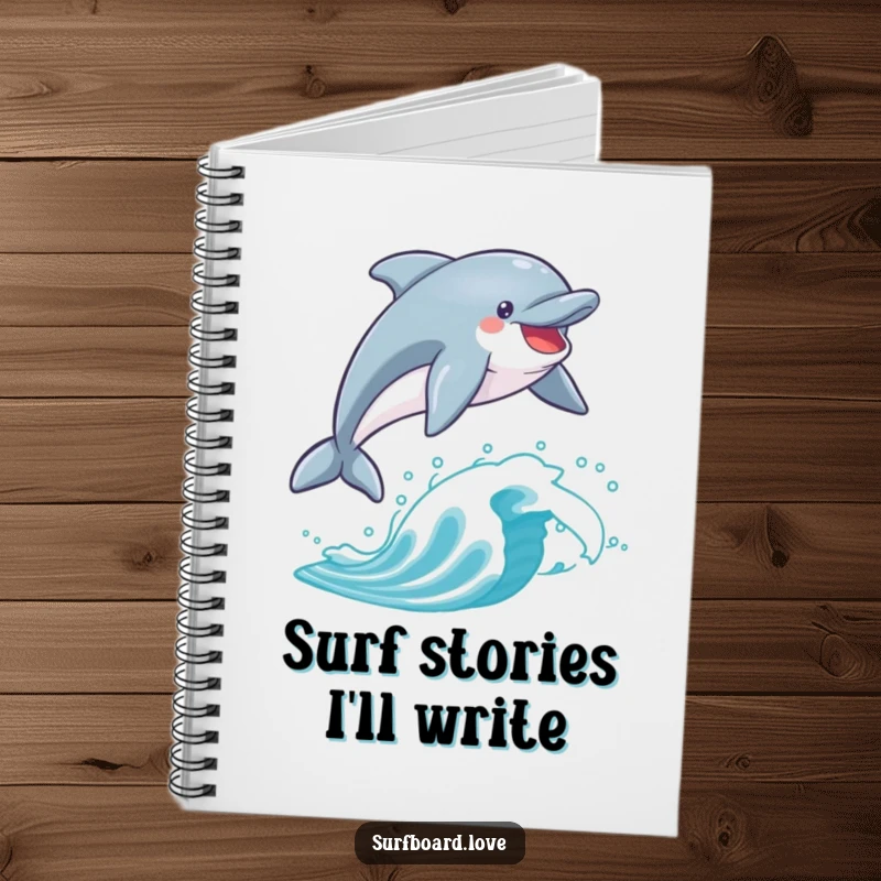 Funny dolphin leaping over a surfboard, great for a humorous notebook cover.