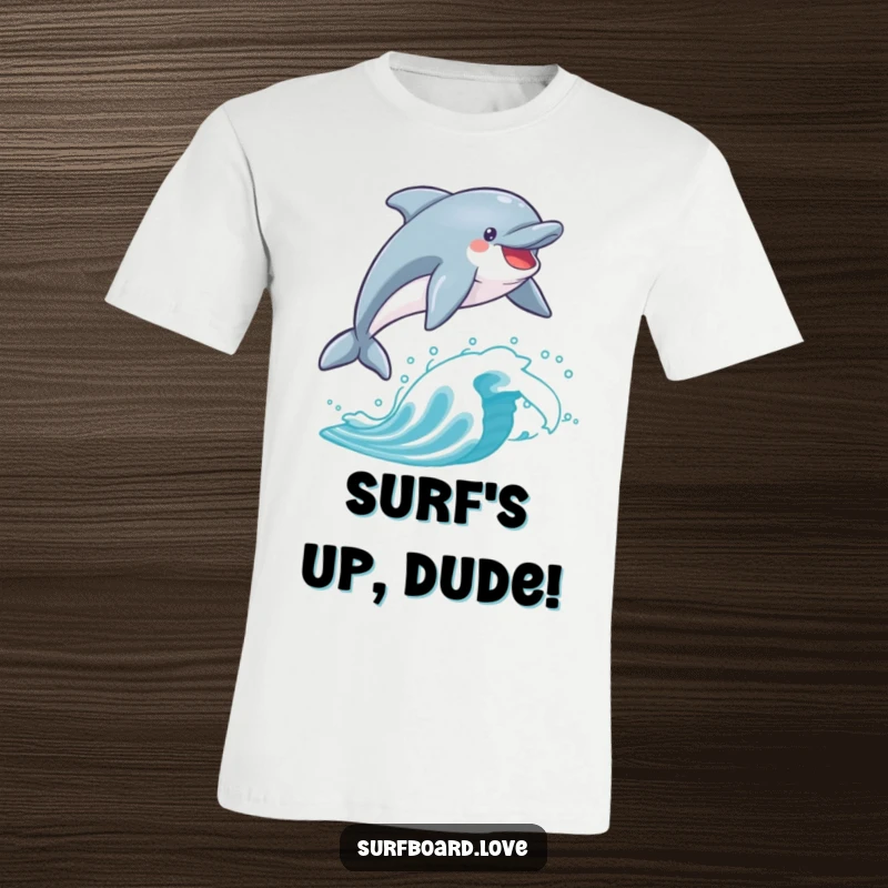 Funny dolphin in mid-air, leaping playfully over a surfboard with pure elation. Ideal for surf and sea life fans.