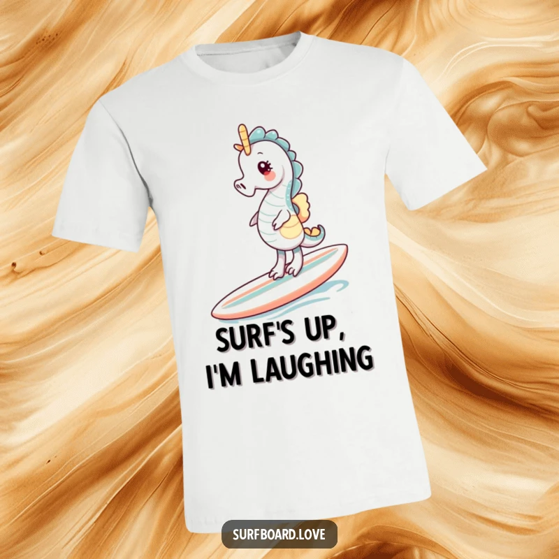 Funny giggling seahorse wobbling on a surfboard, showcasing a humorous and charming ocean scene.