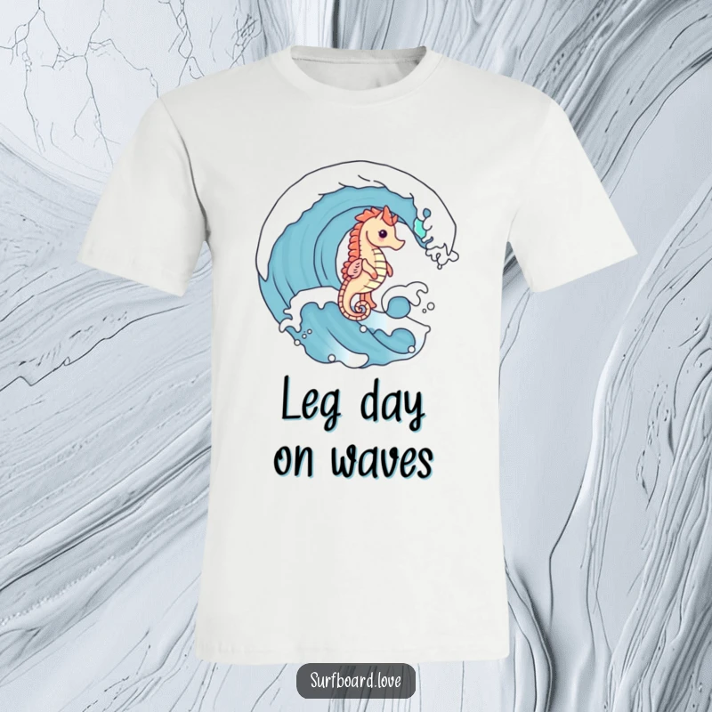 Funny cute seahorse with little legs expertly surfing a dynamic ocean wave, printed on a humorous t-shirt.