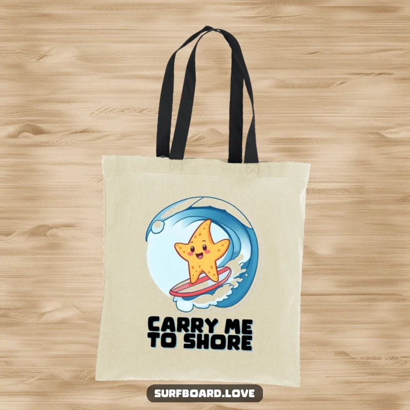 Funny tote bag with a cheerful starfish surfing a wave on a tiny surfboard, ideal for carrying beach gear with a humorous touch.