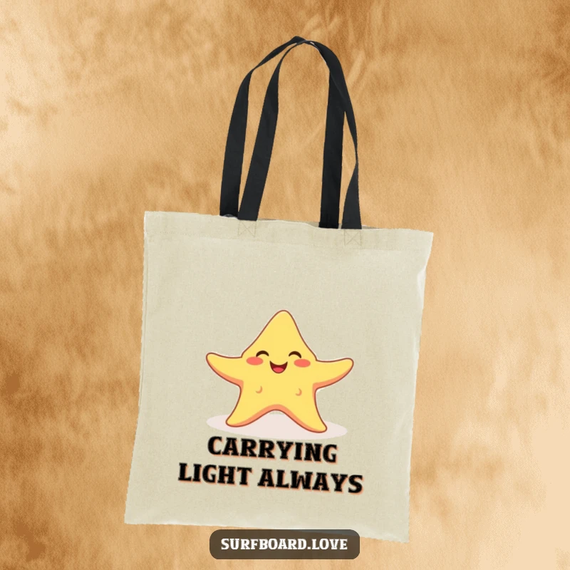 Funny smiling starfish with arms outstretched catching a sunbeam, printed on a humorous and practical tote bag.