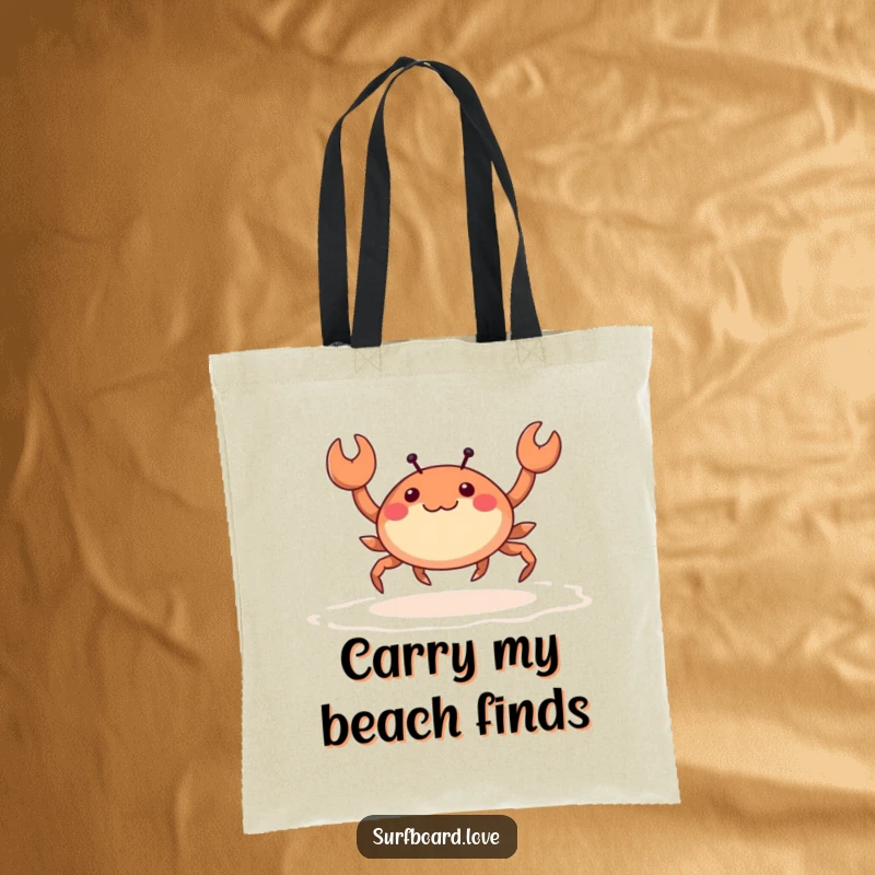 Funny happy crab with tiny legs skipping across wet sand, printed on a humorous and practical tote bag.