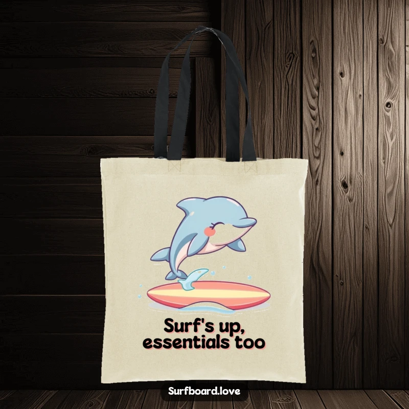 Funny Tote Bag: A cheerful dolphin with eyes closed joyfully leaps over a surfboard, ideal for beach trips and humor lovers.
