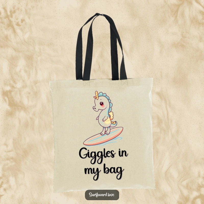 Funny giggling seahorse balancing on a surfboard, a whimsical and practical tote bag.