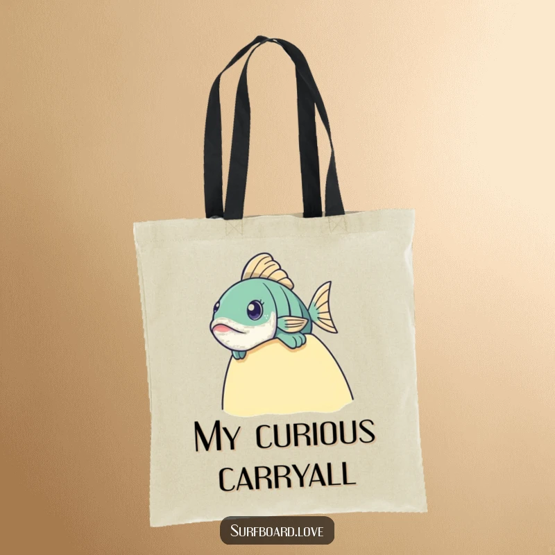 Funny fish peeking over a surfboard edge on a practical and whimsical tote bag.